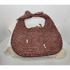 Time And Tru Top Knot Crescent Brown Raffia Seashells Hobo Women's Handbag NWT